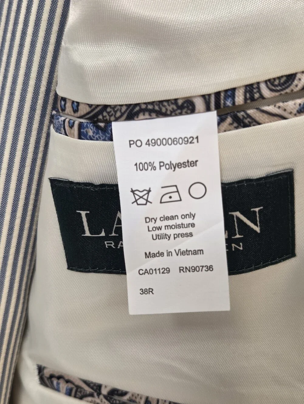 Lauren Ralph Lauren Seersucker Suit Mens 38R 32x32 Navy Cream Stripe 2Pc